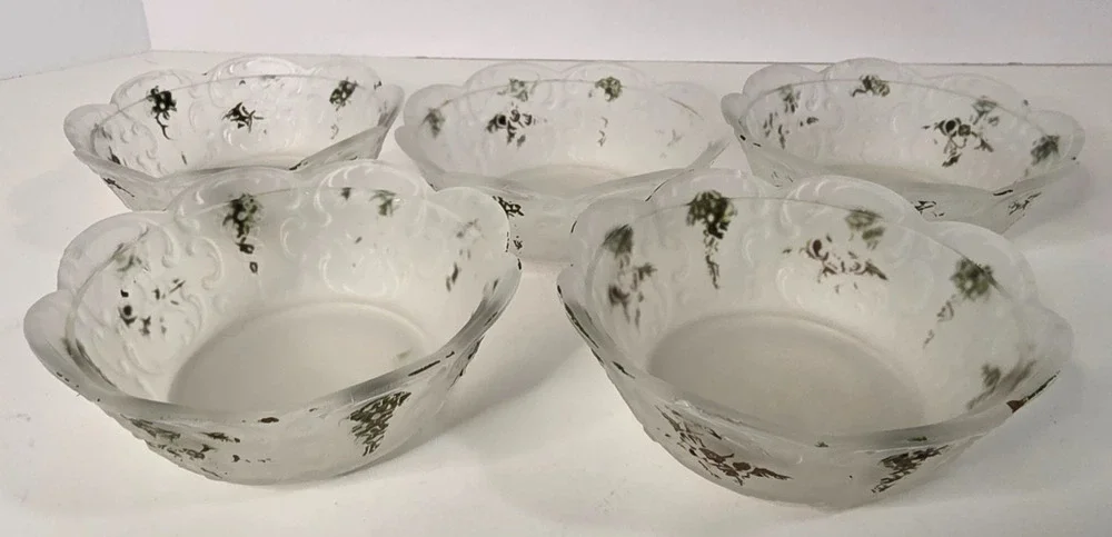 Vintage Frosted Glass Floral Dessert Bowls Set of 5 Scalloped Embossed Flowers